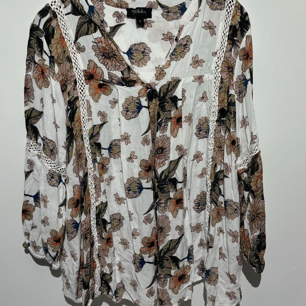 RD Koko Women's Multicolor Floral V-Neck Crochet Trim Long Sleeve Blouse Size 1X
